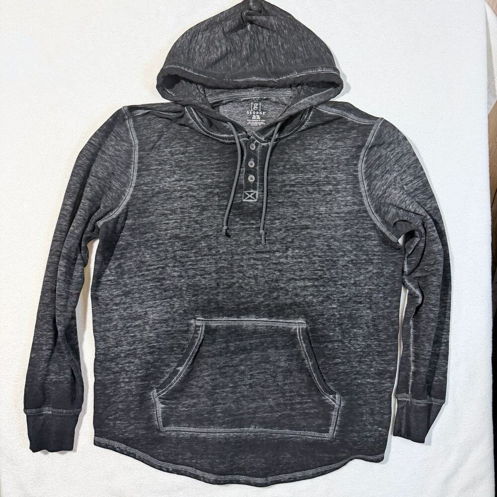 George Men's Acid Wash Henley Hoodie Pullover Lightweight Charcoal Gray XL